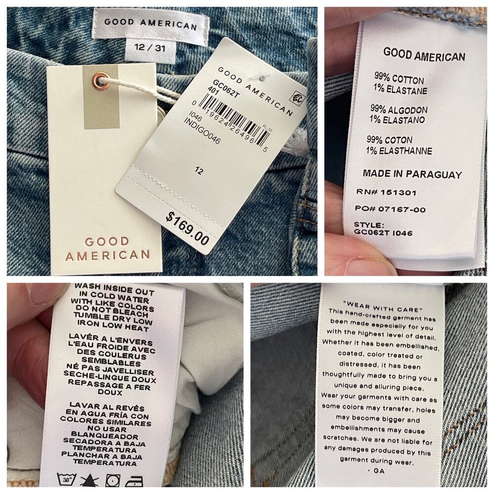 Good American Good Classic Distressed Straight Jeans NEW Sz 12/31 Stretch Blue - Picture 11 of 11